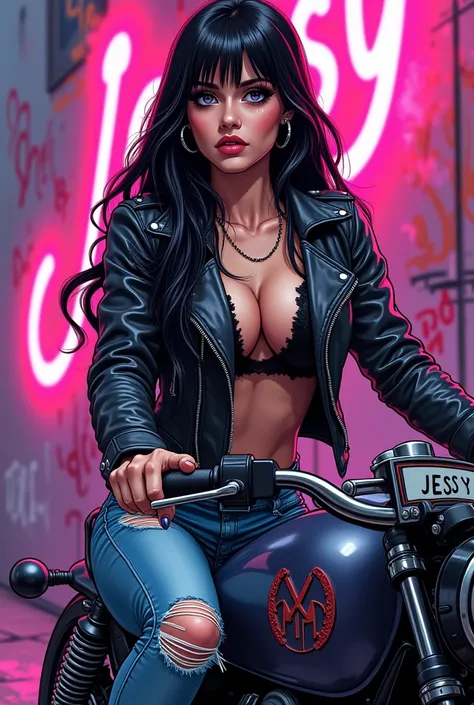 A voluptuous biker girl of normal build, with white skin, Realistic cartoon style, with black hair and straight red lines ,  black leather jacket , ripped blue jeans, on a motorcycle with colors degraded between lilac and pink.
Graffiti background in neon ...