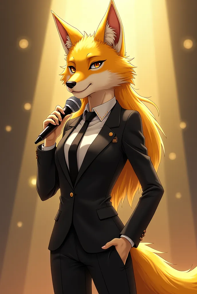 Yellow wolf in elegant black suit.  holding a microphone in her hand .  ANIME DRAWING STYLE 