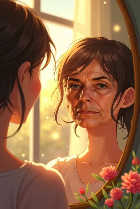 The same person in the previous image, now smiling at the mirror. May appear The mirror reflects a brighter and happier environment. Elements such as flowers, a ray of sunshine or vibrant colors.