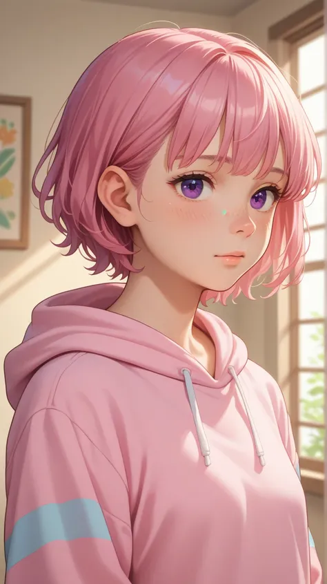  Woman.  purple eyes.  pink hair.  short hair.  fair skin. sweatshirt.  Young Adult.