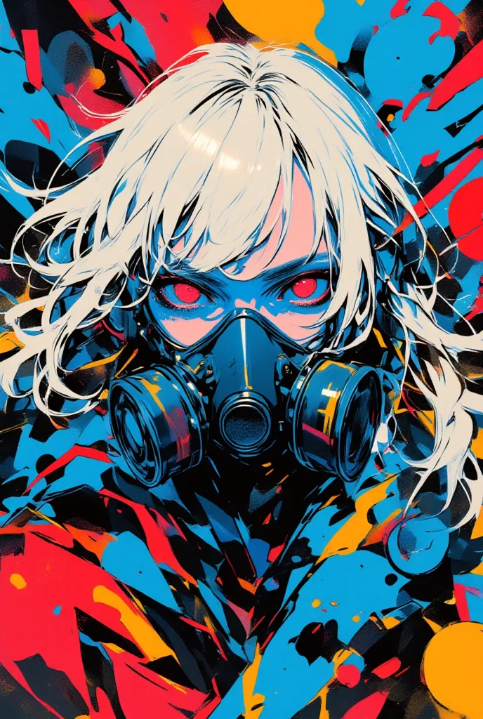 vibrant colors, blue and grey colors, colorful disruptive background, masterpiece, japanese woman wearing gas mask with detailed red eyes, long white messy hair, 