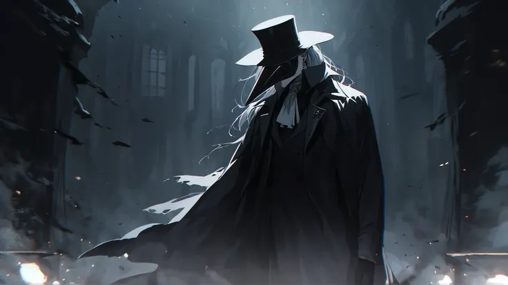 Alone,  handsome, 1 male,  short hair,   white collar hair  , White Eyes, black coat, black plague doctor mask, black gloves,  black top hat 