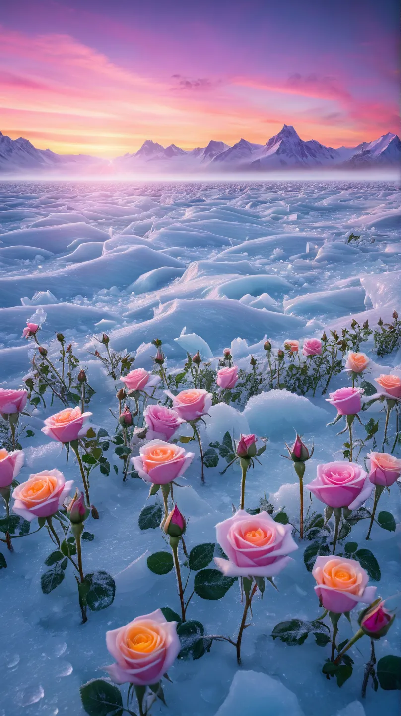 Ice Land、Ice Rose、Seven colored ice butterflies flying around flowers、 Snowflakes、 auroras、Spotlight、glitter effect,  lens flare, background blur, Gradation、