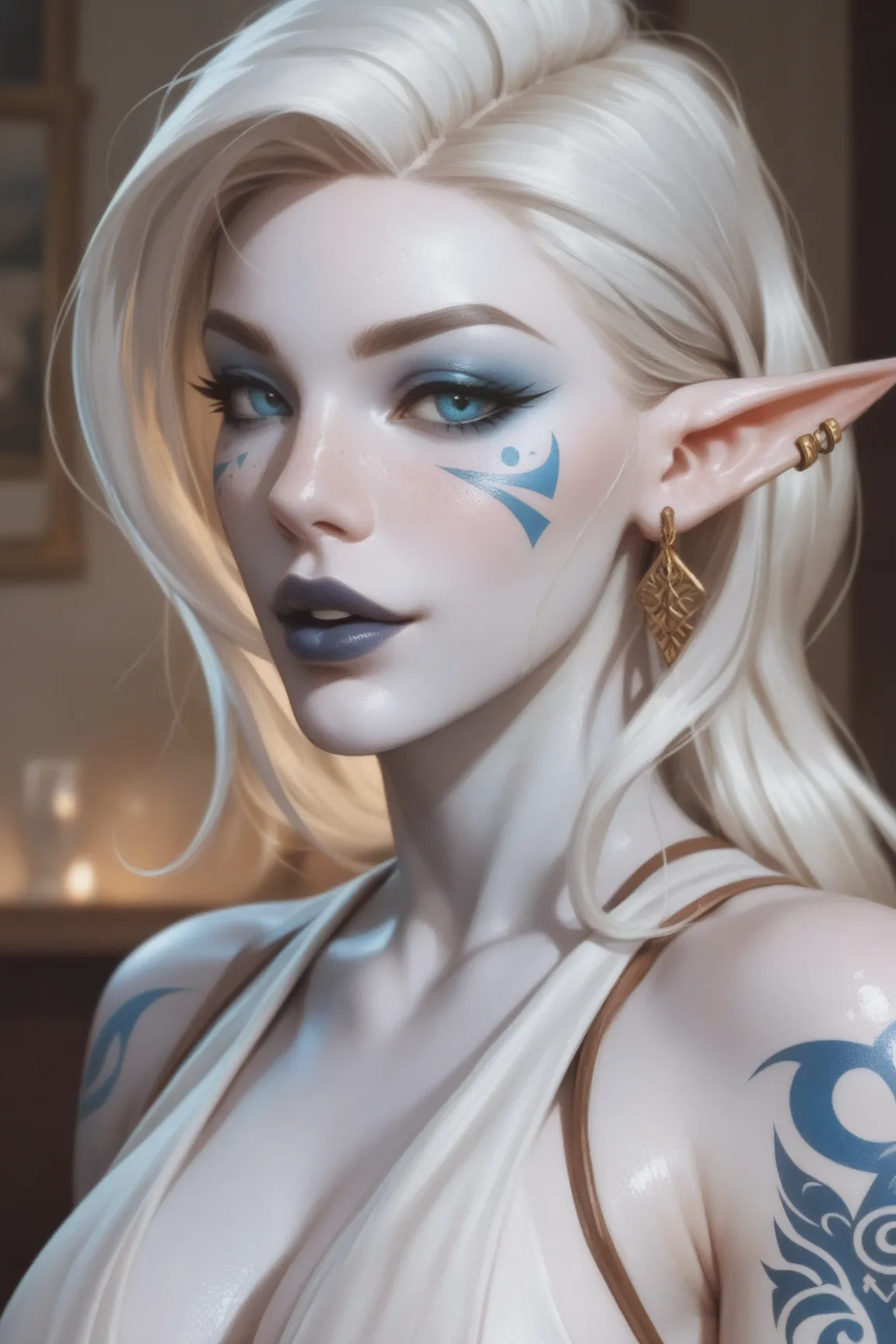 Score_9, score_8_up, score_7_up, Jarael, alabaster skin, blue tattoos, facial mark, pointed ears