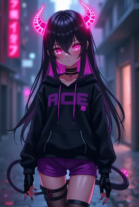 Anime Femboy Boy long Hair Falling Over Eye Black, neon pink eyes, feminine appearance, black cross earrings, Piercing in the corner of the lip, black choker, black and purple hooded sweatshirt with belly showing, long black gloves, black shorts with a pur...