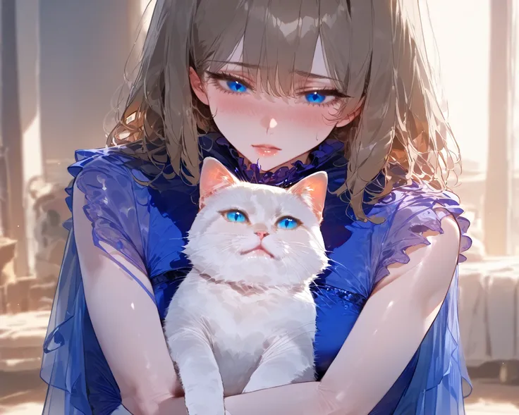 (Masterpiece), best quality,  expressive eyes, perfect face, 1chica, brown hair, blue eyes, make-up, purple shadows,  blue dress, look in love, Painted lips,  hugging, to a boy with a cat botarga, a boy disguised as a cat being hugged, cat head, plush cost...