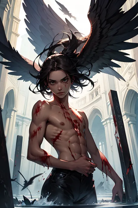 A very thin angel,  long dark hair, Bloody wings, Are you stuck in hell.