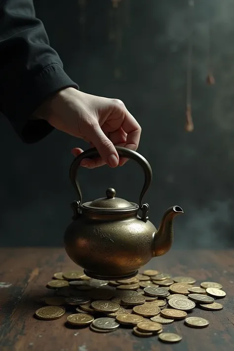 The hand was holding a teapot on the scrap of coins, not seeing the person's face.