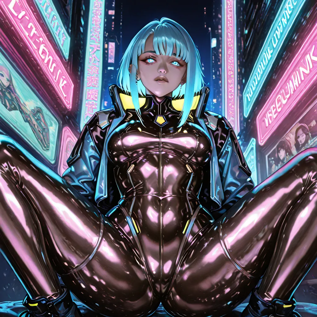 A futuristic, strong-willed female character, standing tall in a cyberpunk city backdrop. She has short, neon-lit hair in vibrant hues, such as electric blue or neon purple, and piercing glowing eyes. Her attire is sleek, combining high-tech armor with sen...