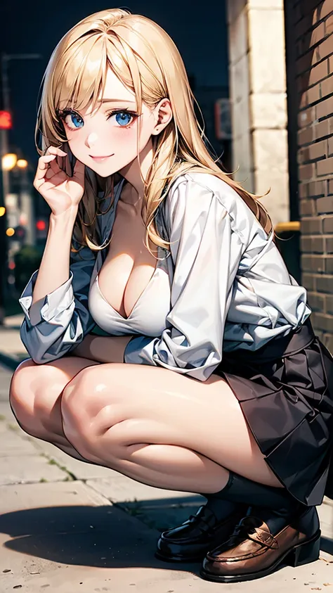  UHD,(long straight hair:1.8, blond with a big face),(masterpiece :1.4,   Highest quality  ), squatting position, Roll up your long sleeves,  white shirt ,   Grey Skirt ,  panties ,  Midnight ,  nice smile, Outdoor Urban Environment  , natural light, Casua...