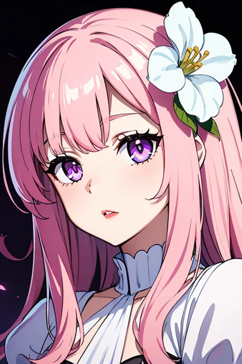 A girl with long pink peachy hair and bangs, Lilac eyes (lilac pupil and white sclera), red lips, pale white skin. Wearing a white dress with puffy sleeves and purple flowers