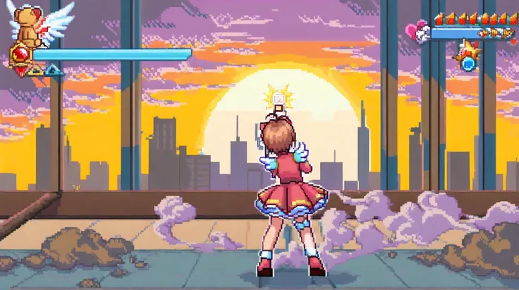 masterpiece, newest, absurdres, safe, kinomoto sakura, Sakura card captors, magic girl uniform, game style, platform game, sunset, city, pixel art, smoke, health bar, fight pose