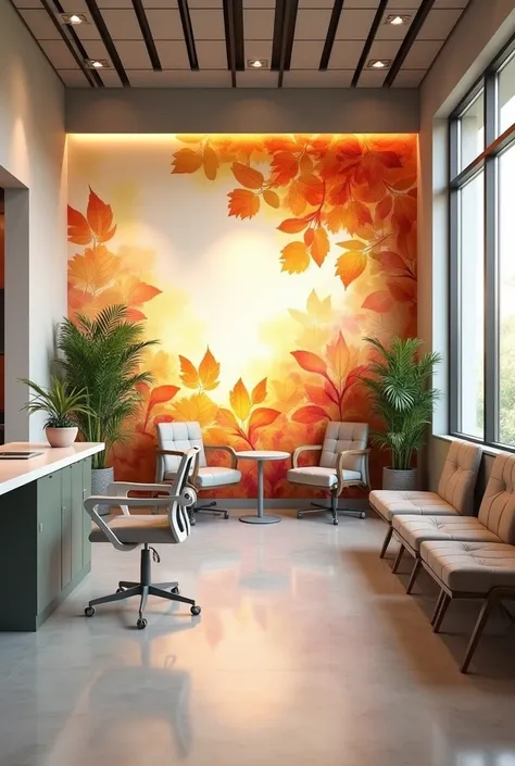 Dentist office with a wall of painted leaves that is operating