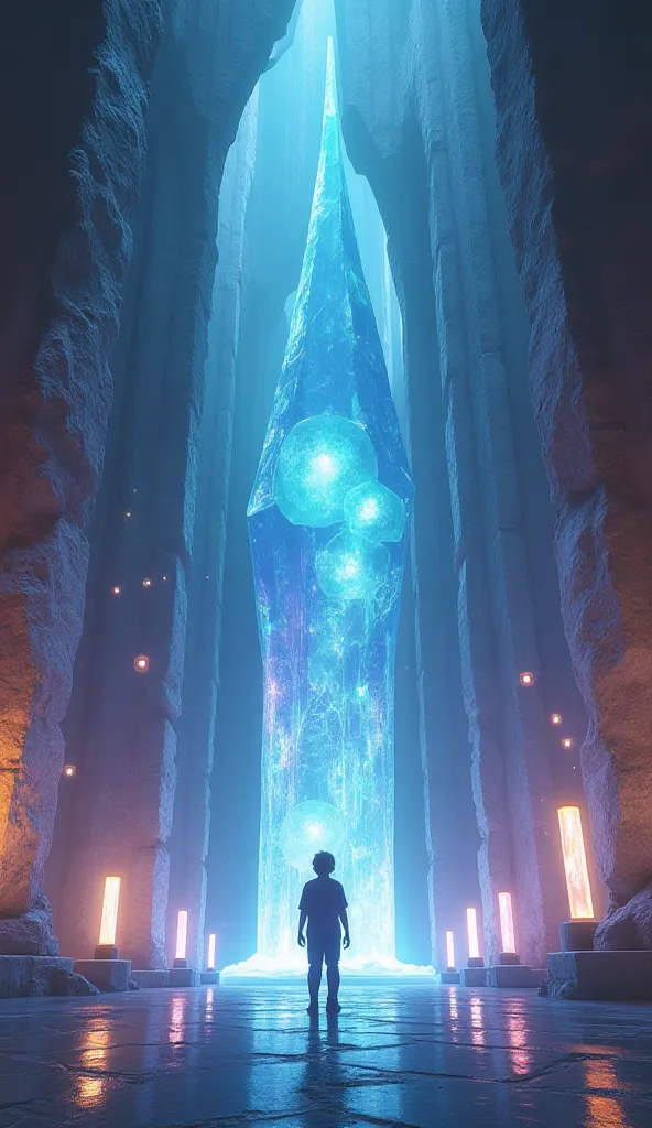 Inside the grand hall of Luminaris, the room is vast with towering walls made entirely of glowing crystals that radiate a soft, multicolored light. In the center of the hall floats a massive, pulsating crystal, emitting a powerful, otherworldly energy. The...