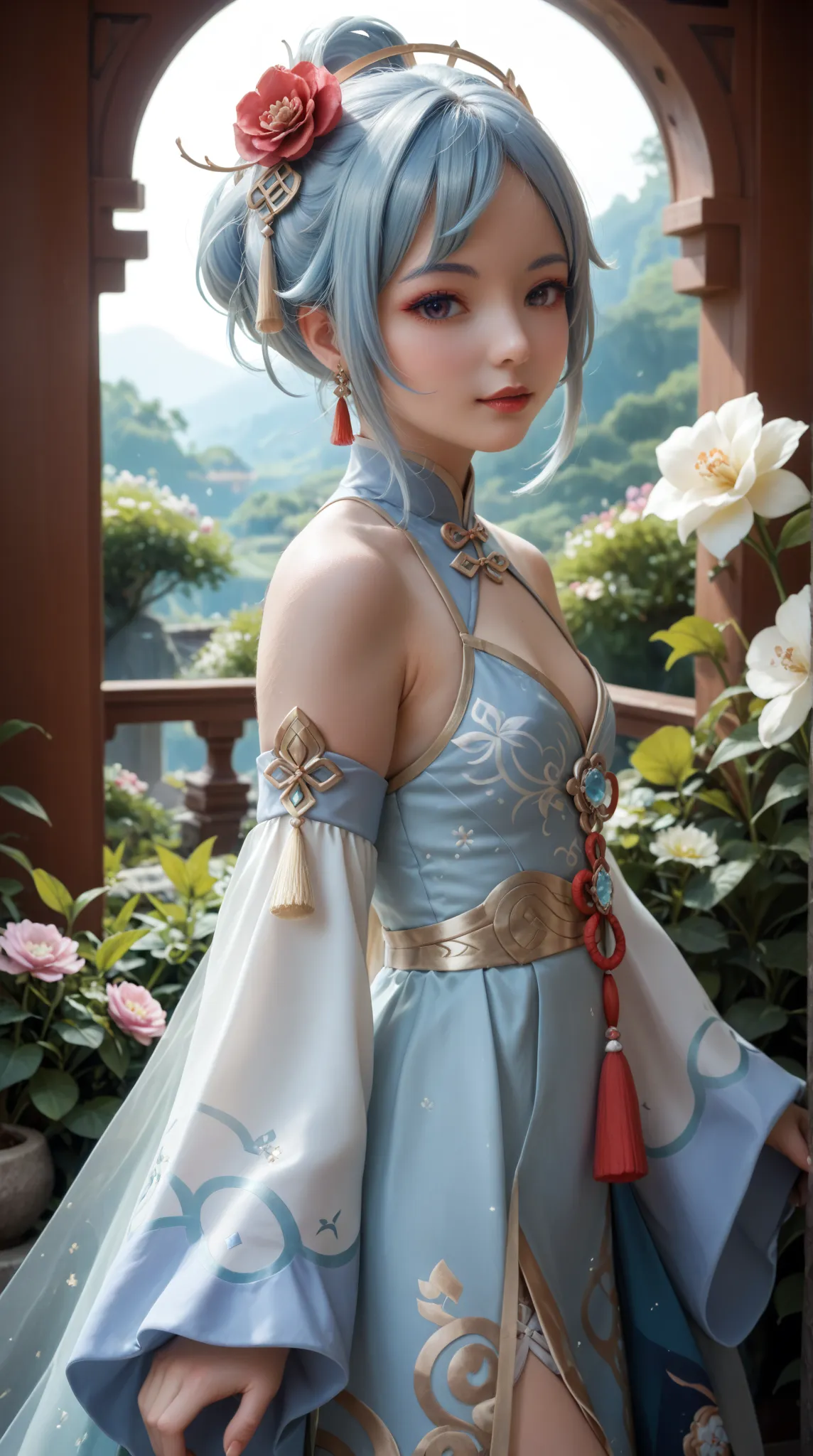 Loli Qiqi from genshin impact, original clothes Qiqi,detailed portrait of Qiqi from genshin impact, beautiful woman with pale skin, long light blue hair, elegant facial features, serene expression, intricate ornamental clothing, traditional chinese-inspire...