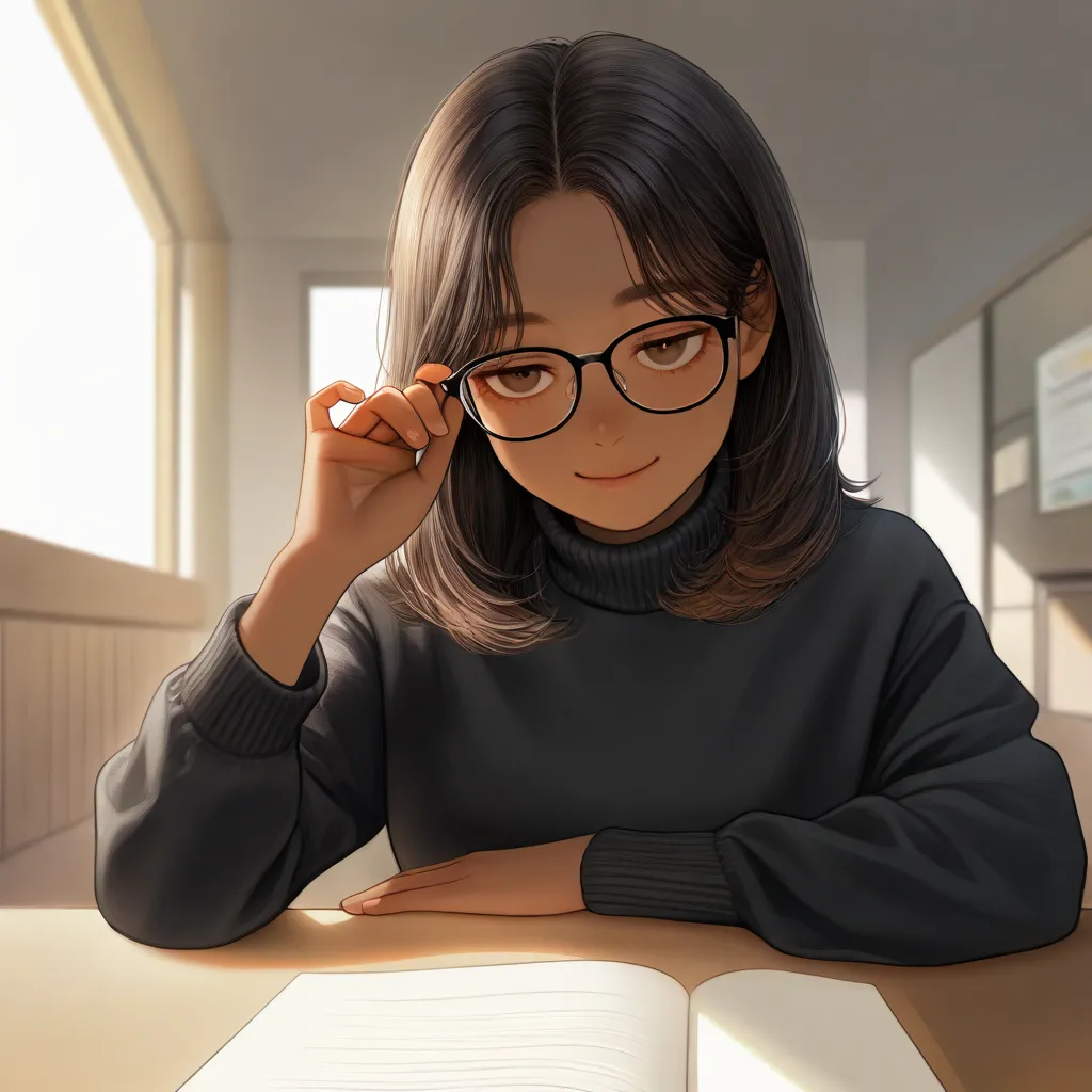 alone, 1 girl, dark skin, smile, jitome, leaning on table, bright brown eyes, black turtleneck sweatshirt, medium hair, black hair, glasses, hand holding glasses