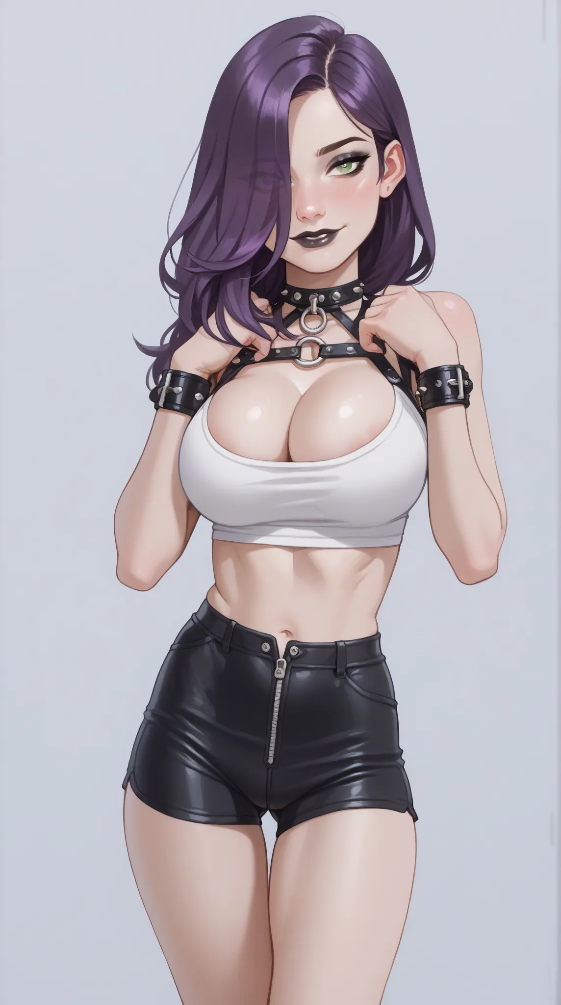 18 year old, green eyes, long hairstyle (hair over one eye), purple hair, (black lips:1.3), (black eyeshadow:1.3), (Highest quality), (big breasts:1.5), petite, thigh gap, cropped top (leather), black short shorts (leather, unzipped), wrist bondage cuffs, ...