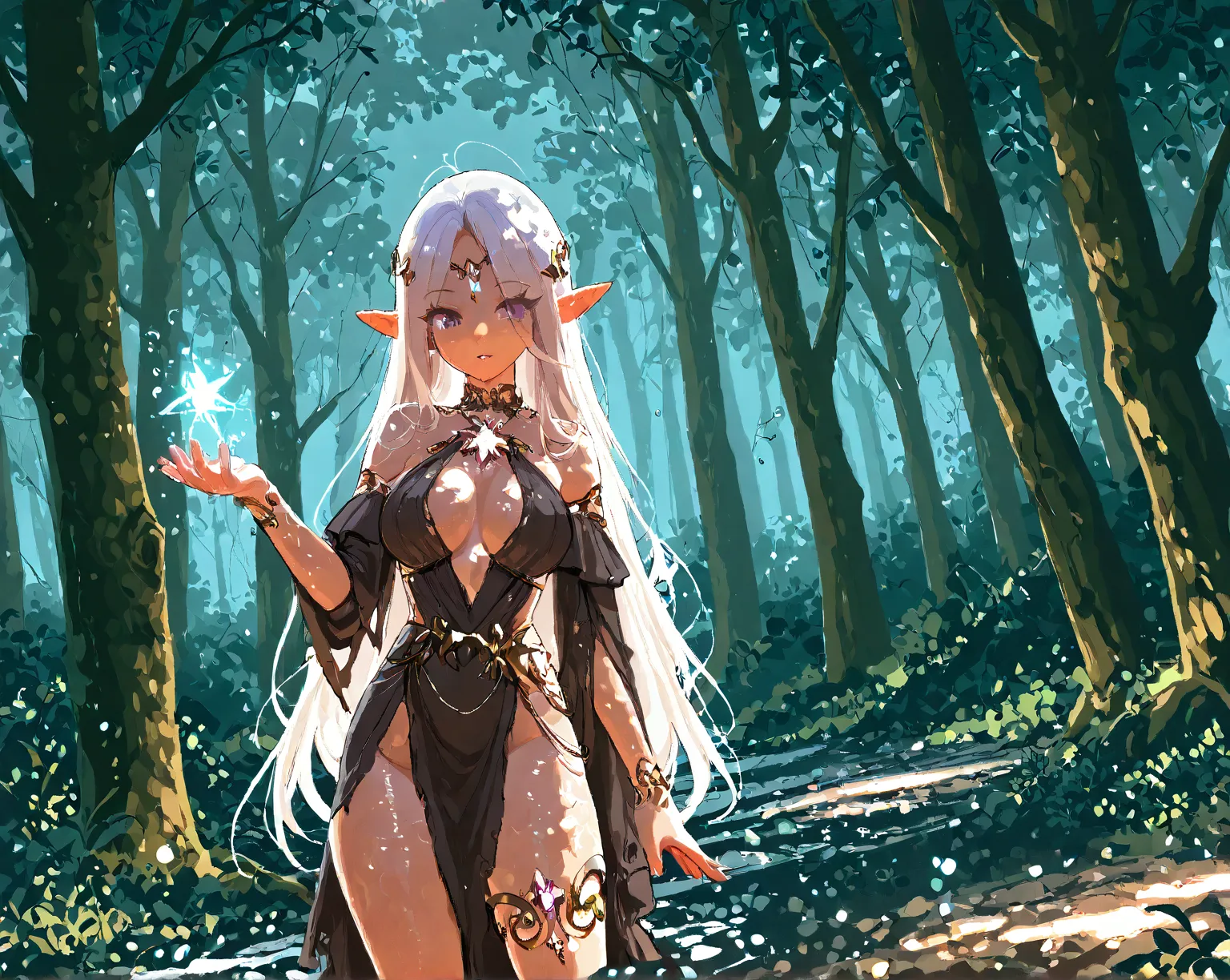 Attractive elven witch, long white hair, purple eyes, huge breasts, torn black dress, wet, in a forest, High Resolution, Super Detailed, Sparkle, Glowing Light, pointed ears, glowing golden magic,