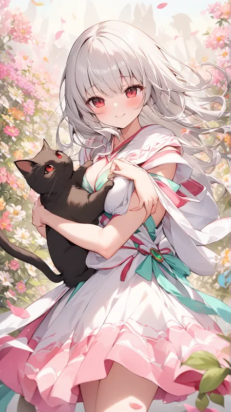 （Highest quality)、beautiful woman under hoodie（red eyes）Cute Elements 。beautiful woman under hoodieの顔、Shy expression、 Silver Hair、Scarlet Eyes、smile（ closes one eye、Looking up）、 Superb Woman 、A girl in the form of a cute shrine maiden 、 surrounded by beaut...