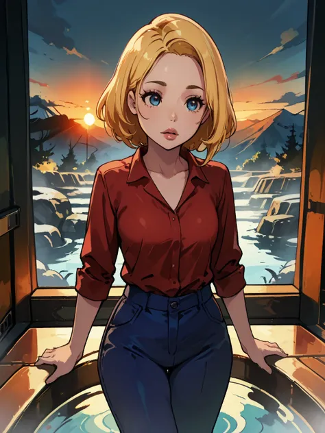 beth, 1girl,  blonde hair, Alone, red shirt, blue pants, 8K, masterpiece, accessories, ultra detailed, intricate details, hyper quality, alto detalle, professional lips, hdr, cinematic lighting, Panoramic view, beauty eyes, ((anatomically perfect)), in a h...