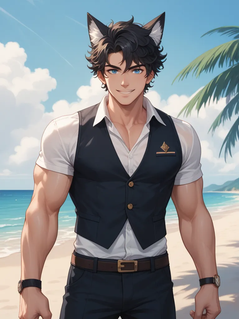 Anime man with long black hair, he have muscles, he is at the beach, he's holding a glass in a had ,he have blue eyes ,he is slender,he have on a black vest and a short pants Solo, Masterpiece, Detail, HD, Long Hair, Curly Hair, Fox Ears, Smile, Jewelry, 8...