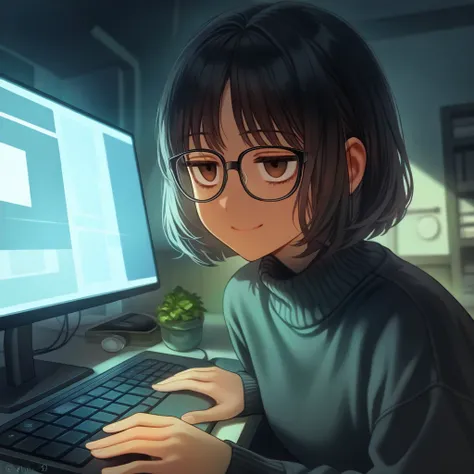 alone, 1 girl, dark skin, smile, jitome, playing with PC, bright brown eyes, black turtleneck sweatshirt, medium hair, black hair, glasses, hand holding glasses