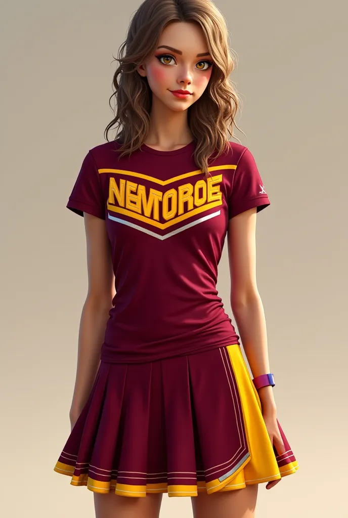 Make a cheerleader's uniform, With skirt and t-shirt,  main colors wines with yellow details must be a t-shirt 