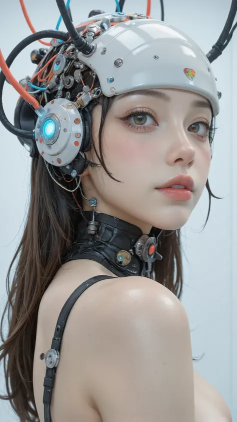 nice photo of a female cyborg, future, nice, is dazzling, attractive, flashy, upper body, Quirky, Adult face, full shot, Strong Makeup, cyborgized brains, colorful, Wonderful, robot head is smooth and glossy like ceramic, detailed, stand out, The robot's h...