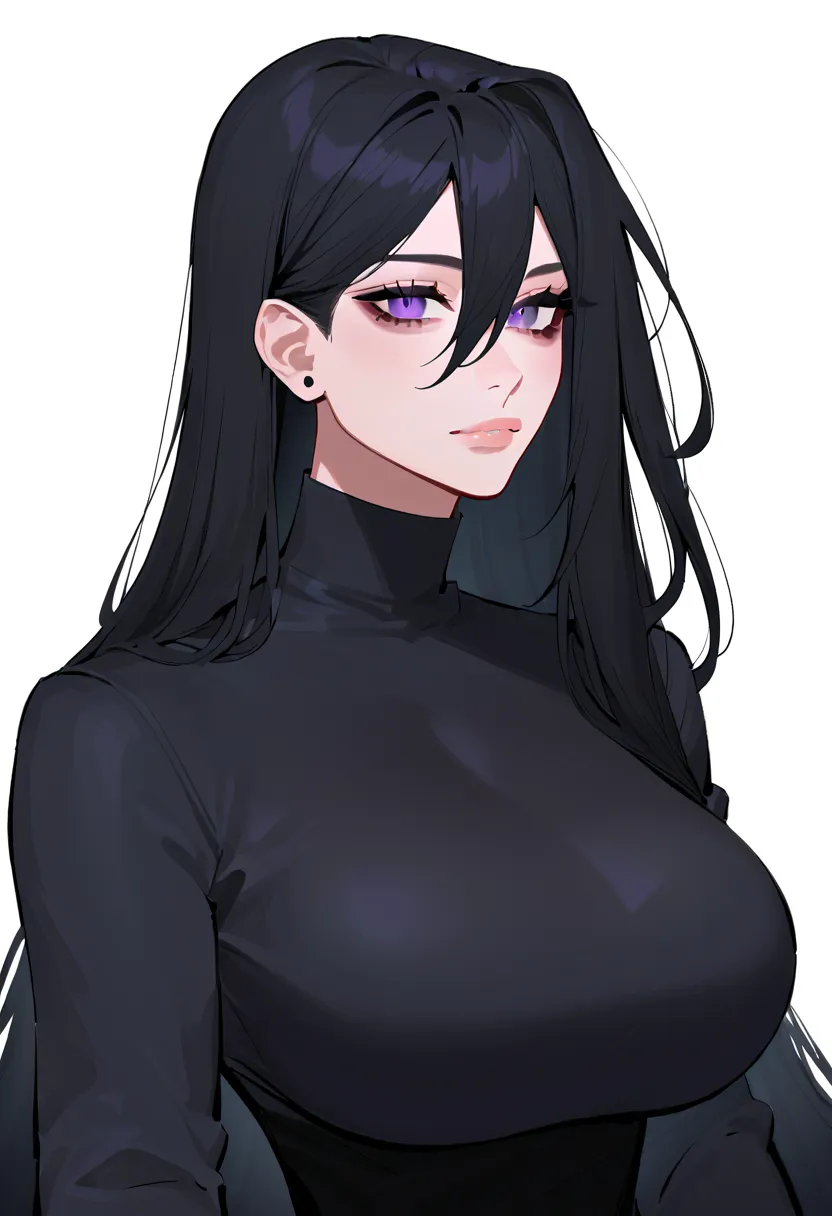 masterpiece, best quality, very aesthetic, absurdres,
1girl, hexza, black eyes, black hair, long hair, hair between eyes, purple eyes, bags under eyes,
ribbon, black dress, earrings, large breasts,  long sleeves,
upper body,
looking at viewer, solo, (simpl...