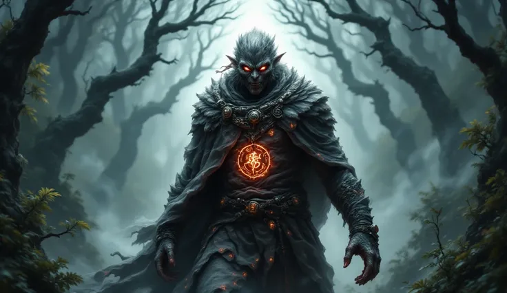 Image of the evil shaman with red eyes, surrounded by dark symbols and the jungle shrouded in fog. 