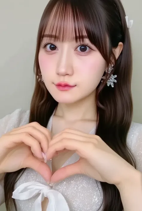 she's wearing a camisole, I make a heart shape with both hands , And then pose in front of her chest, Close-up shot of a smiling face winking and smiling