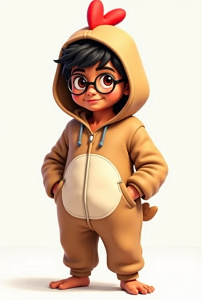 My character will be with the theme of my channel but I wish he had been wearing pajamas like a hooded chicken covering his head in part of his hair the pajamas and a kind of brown with white and a red crest, my character has a more or less dark brown skin...