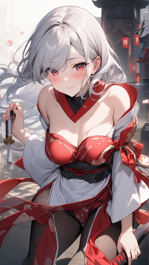 Shrine maiden outfit（Scarlet Eyes、close one eye、 Silver Hair）(holding a Japanese sword with both hands), (unsheathe draw a japanese sword), (a sheath), (Put your hand on the pattern of a Japanese sword)、 Smile、1 girl, High Resolution, very detailed, perfec...