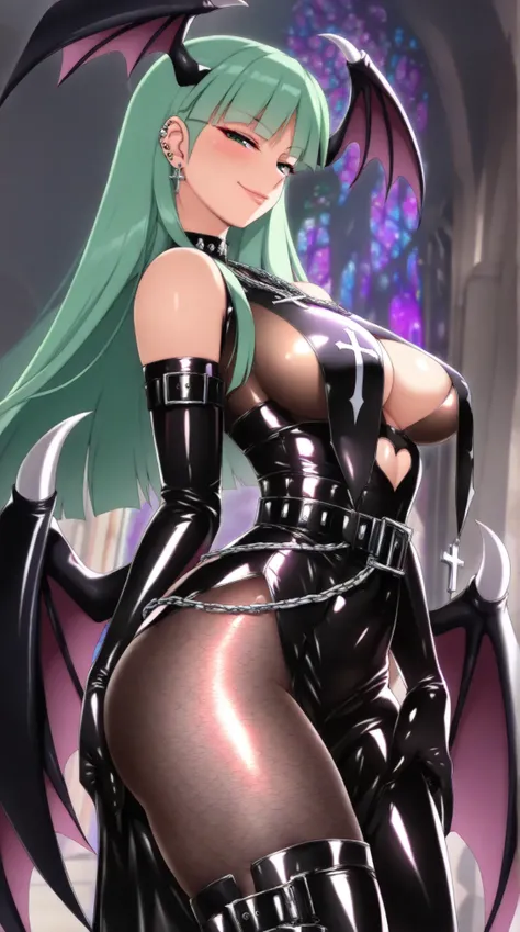 Morrigan Aensland, solo, (incredible high resolution, masterpiece, best quality, highly detailed, CG, high quality anime drawing), (beautifully detailed black latex dress, strong sheen, very shiny wrinkled clothing, chest curtains, cross, elbow gloves, jew...