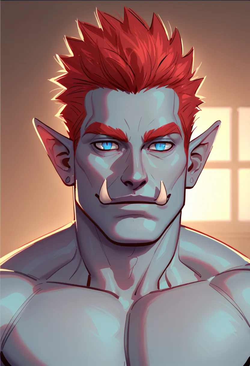 solo, male focus, manly, close-up, portrait, 1boy, zandalari, red hair, spiked hair, troll, tusks, pointy ears, earrings, gray skin, glowing blue eyes, no pupils, muscular, indoors, head tilt,
perfect anatomy, masterpiece, perfect quality, best quality, de...