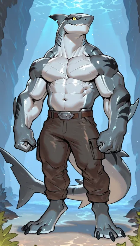 sharkman, anthro megalodon, darker hands and fins, black back, solo, big arms, bara, detailed skin, lizard shark hybrid, anthro, closed mouth, detailed shark skin, scalie arms, fins on arms, gray color body, yellow eyes, beefy, thick scales on arms, digiti...