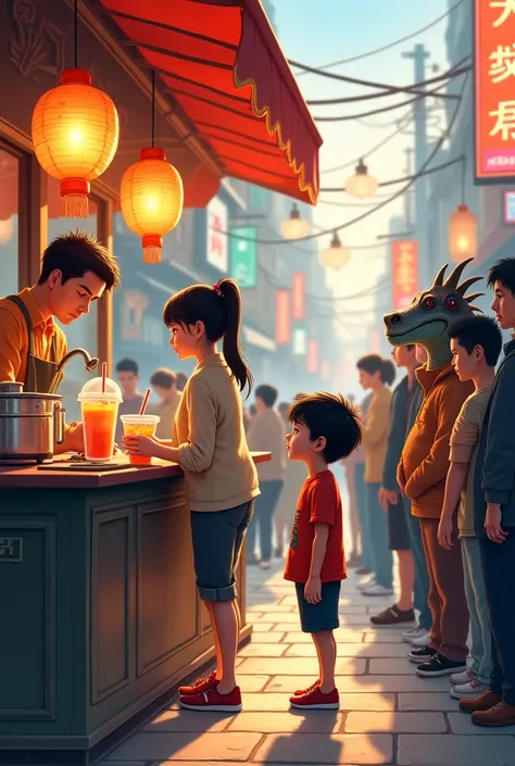 A nine-year-old boy stood with both hands at the counter of a street-side bubble tea shop, looking at a fifteen-year-old beauty who was making him milk tea, while behind the boy, various demonic beasts were queuing up to buy it. The boy seemed to be in lov...