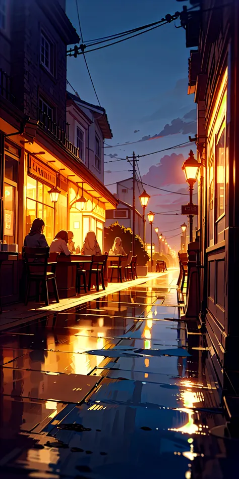 A cafe stands quietly in the city's late night, near the coast. Warm light spills from its glass windows, casting a soft glow on the quiet street. Inside, a sense of tranquility fills the air—tables and chairs are neatly arranged, and a softly glowing lamp...