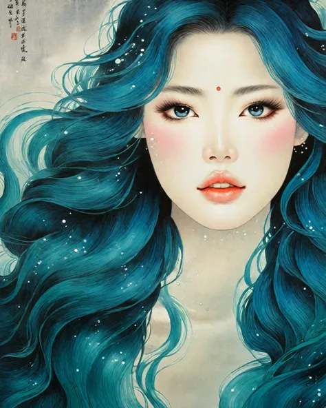   A traditional style of Chinese painting with ink  ,   a beautiful mermaid princess sitting elegantly on a cliff by the sea,   her expression a mixture of sadness and grace  ,   tears streaming down her face  ,   each tear transforming into a sparkling pe...