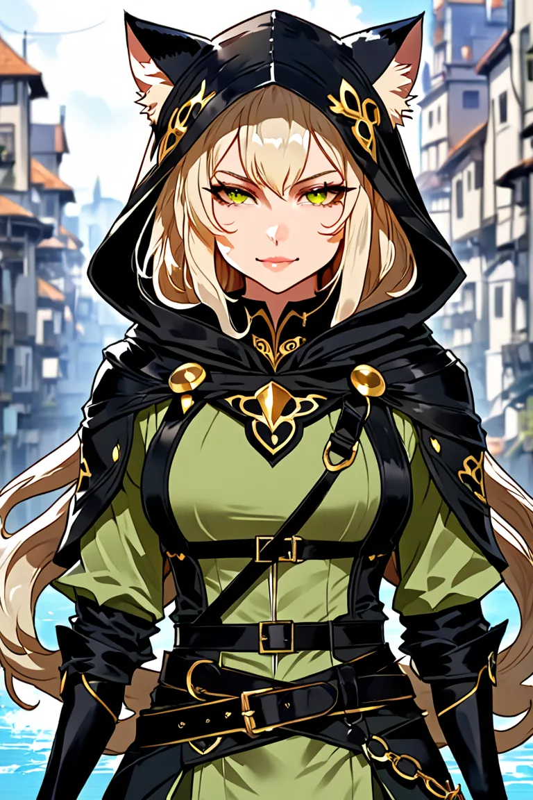 In the style of detailed DnD Fantasy anime, Sable is a mischievous Tabaxi-anthropomorphic cat-person-girl rogue,black cat-adventurer, A sleek and agile 16-year-old girl with deep black fur that shimmers subtly in the light, Her hair is long and spills in r...