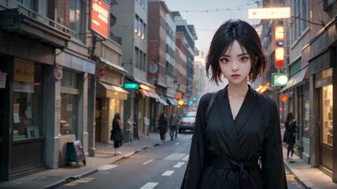 A beautiful young girl in a black robe walks at night along an empty city road towards the viewer shrouded in a strange dark smoke, multicolored hair, white hair, black hair, furrowed brow, devil pupils, angry, Verism, cinematic lighting, cowboy shot, UHD,...