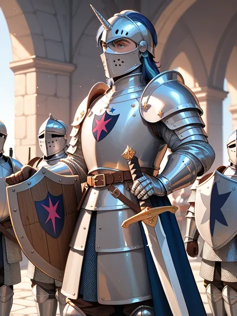 a knight wearing shining armor and wielding a small shield along with a sword