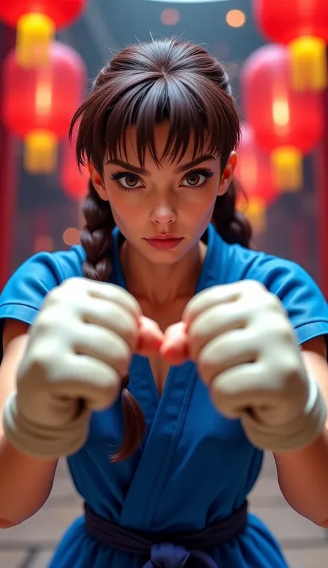 "First person pov , human hands in fighting position, ready to face Chun-Li.  Hands are in the foreground , with simple white gloves. In the background, Chun-Li in her classic pose with braided hair and blue gi, looking directly at the player. Street Fight...