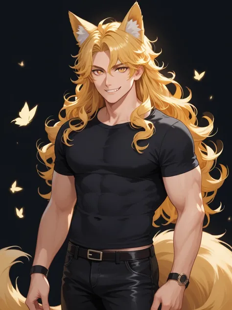 Fox anime man with nice muscles in a black top and a short black pants, he have yellow hair and yellow eyes and long beautiful hair ,he have a long yellow tail HD, Accurate, Very Long Hair, Curly Hair, Fox Ears, Fang, Smile, Cowboy Shot, Jewelry, Silhouett...