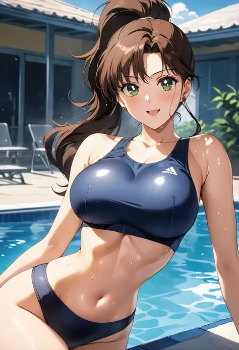 masterpiece, Best Quality, High resolution,16k,official art,super detailed skin,detailed,animated painting, (Makoto Kino),1990s \(style\),School Swimsuit、(E-cup beautiful breasts)、clevage, underboob,(tall:1.2),height: 170cm,Fashion model body type、Sweating...