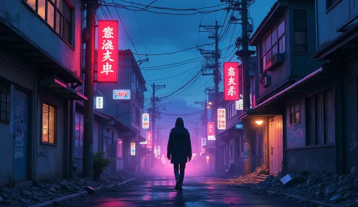  create an anime-style image using neon shades , From a landscape of the poor part of the city of Tokyo