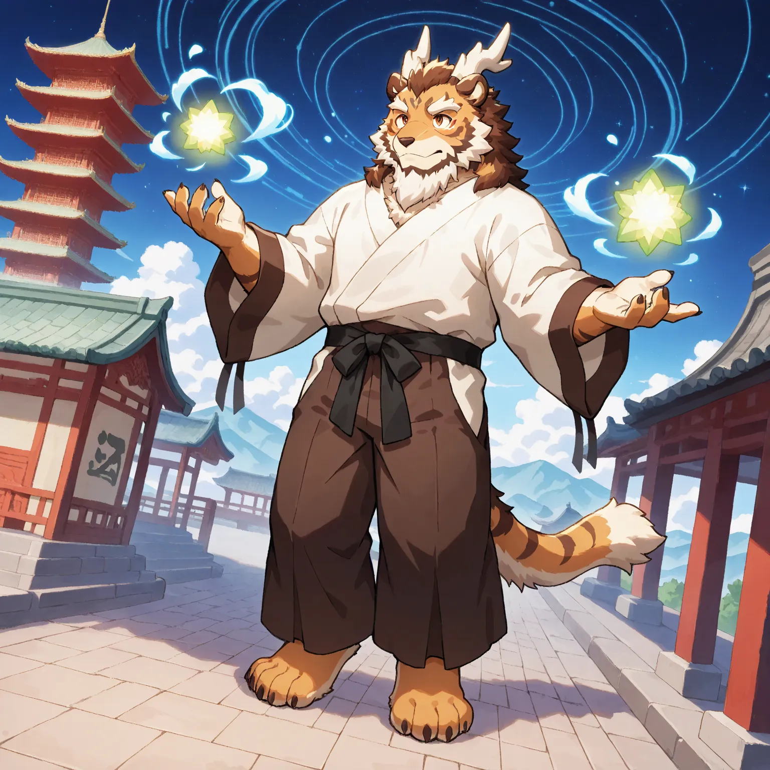 character focus, full body, looking away, dynamic angle, wuxia, daoist, a middle-aged oriental dragon man, oriental dragon horn, chinese costume clothes, oriental robe, shirt, pants, standing, drawing a circle in the air with a finger, casting magic, dynam...