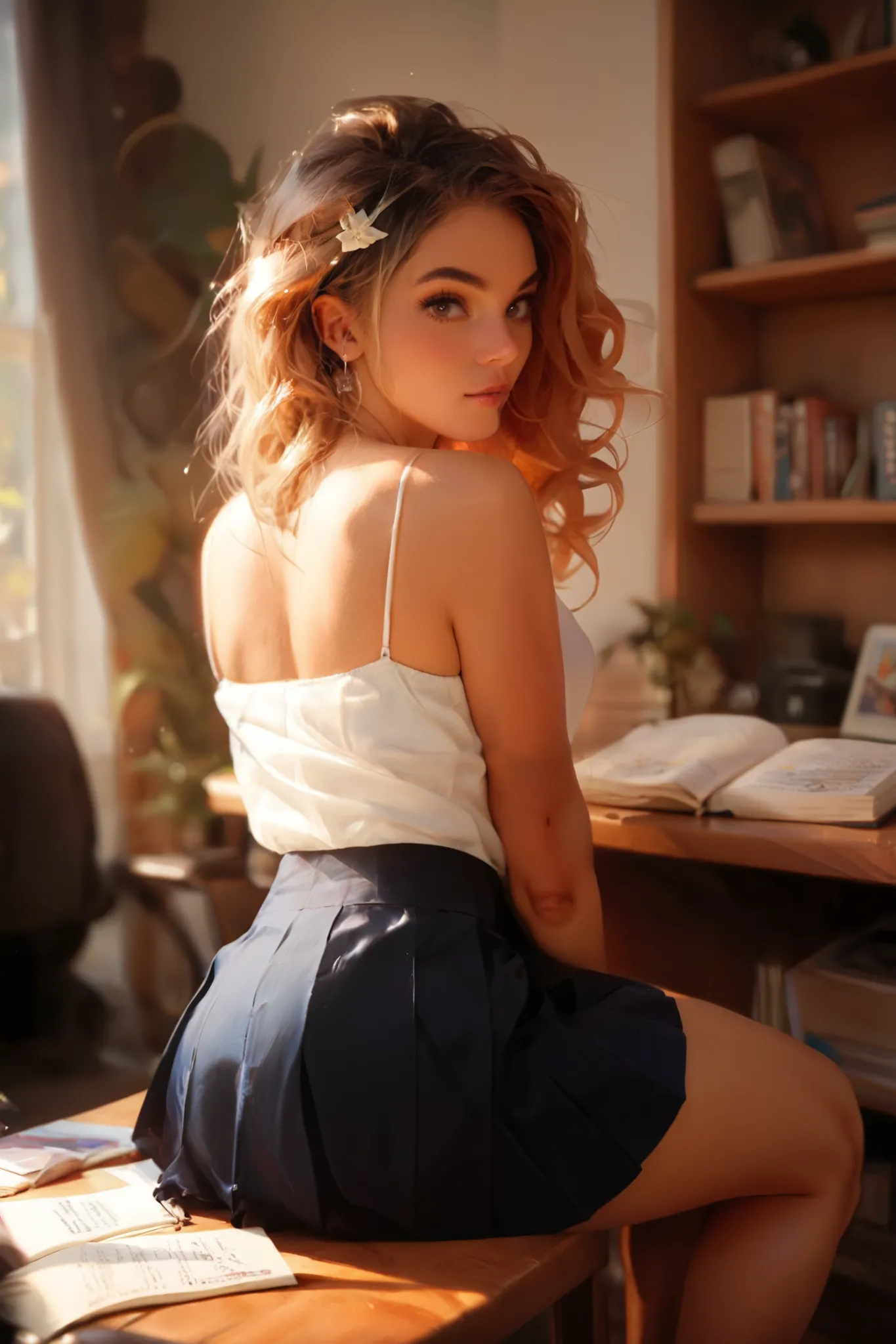 Photo realism beautiful lady with ombre hair wearing a spaghetti strap lace bodysuit and a shirt pleated skirt sitting on her knees bending down towards her school book but looking back at camera 