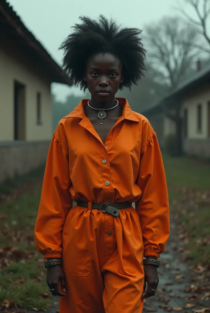 2025 18 year old legal Registered chattel African female house slave.  She wear permanent shockcollar with fridchip.   She wear Bright color orange slave dystopian clothes.  She wear ankle while she doing yard work 