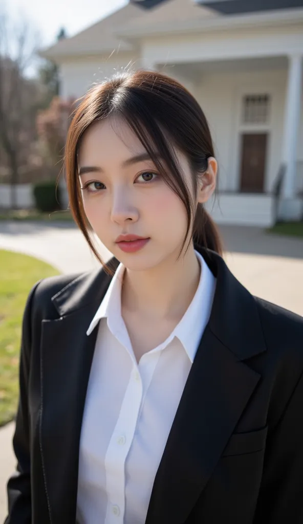 Close-up of a woman's face with a lip veil, a black shiny satin office jacket, a white office shirt, looking at the camera from the side, and a house in the background